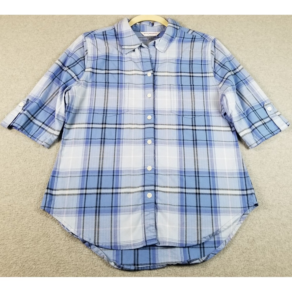 ALLISON DALEY Button Up Shirt Women's Small Petite PS Blue Black White Plaid Top
